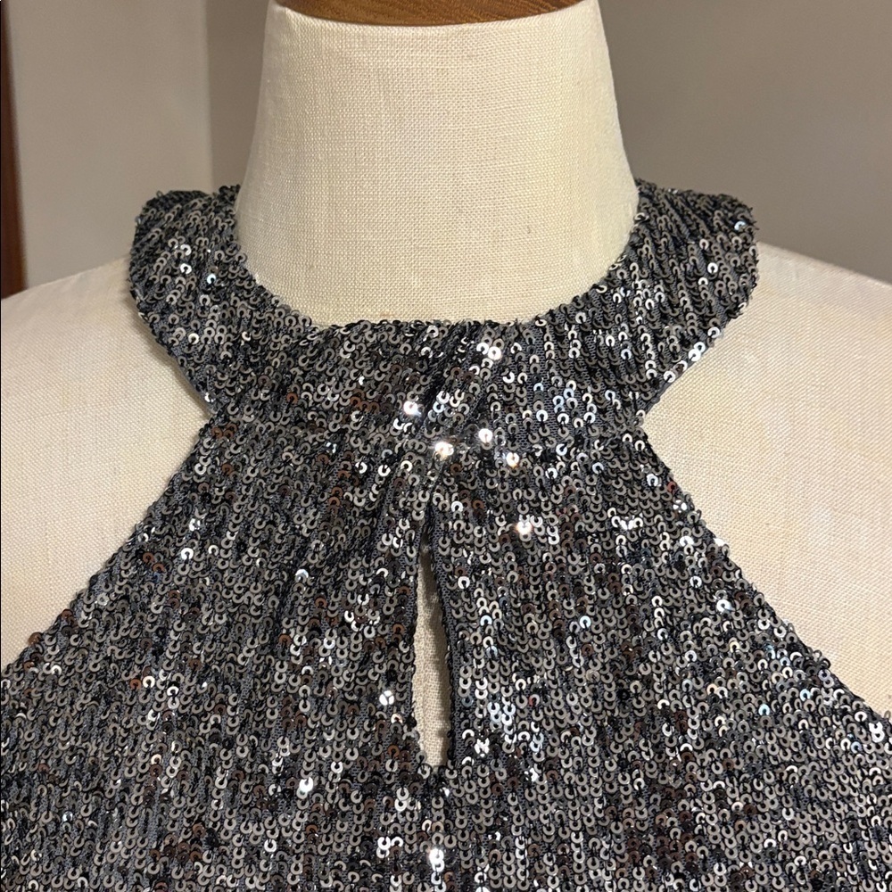 Silver Sequin Halter tank Top stretchy Cable & Gauge holiday evening formal med - Picture 3 of 11
